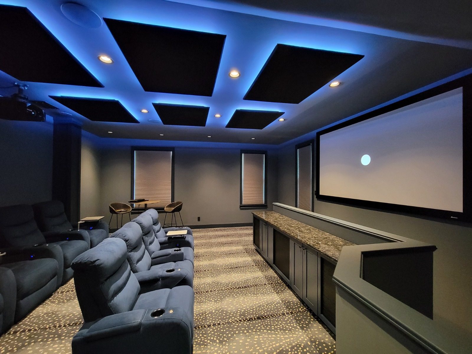 Home theater with blue LED ceiling lighting