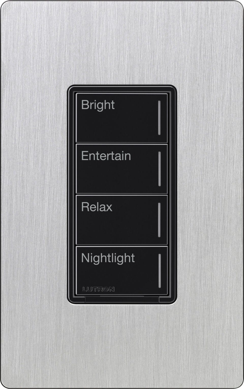 Lutron RadioRA 3 Sunnata keypad in stainless steel wallplate with custom engraved buttons