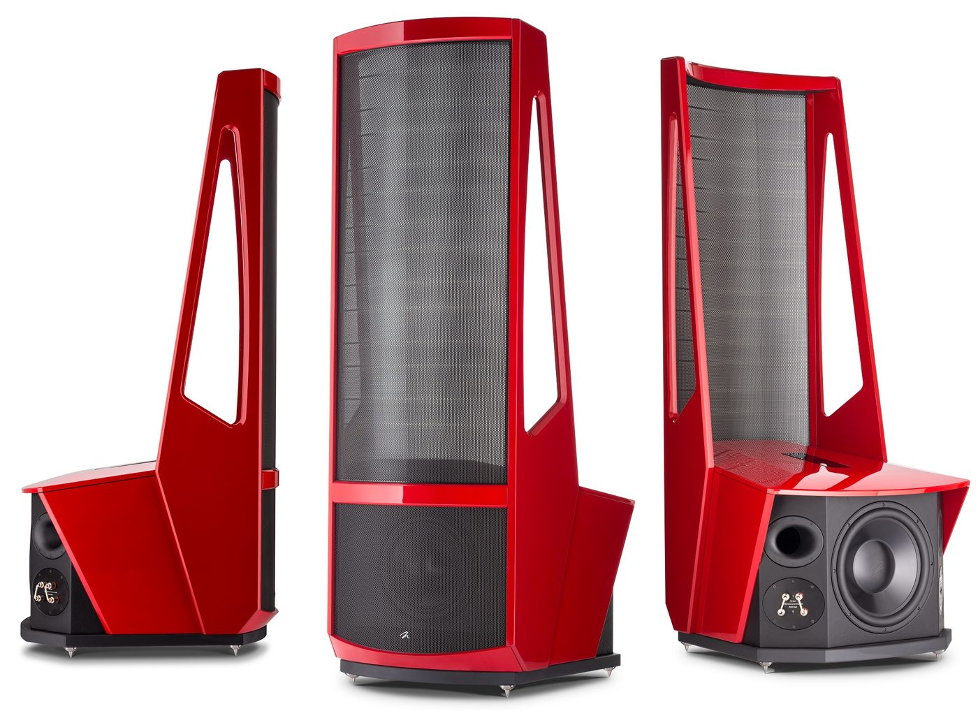 Three views of a red MartinLogan Neolith electrostatic speaker showing the see through panel and the woofer section