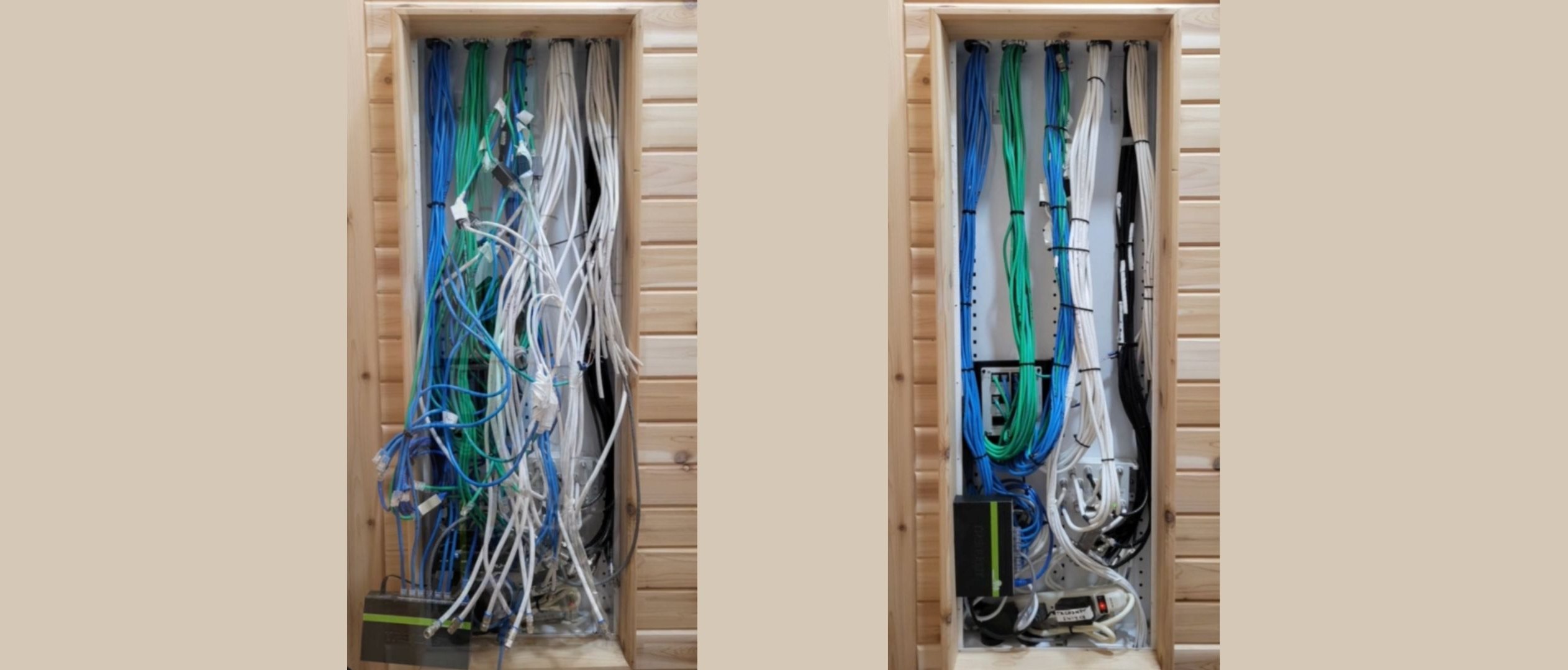 Structured wiring cabinet in Ozona, Florida before and after cleanup: tangled cables on the left, neatly routed and bundled on the right
